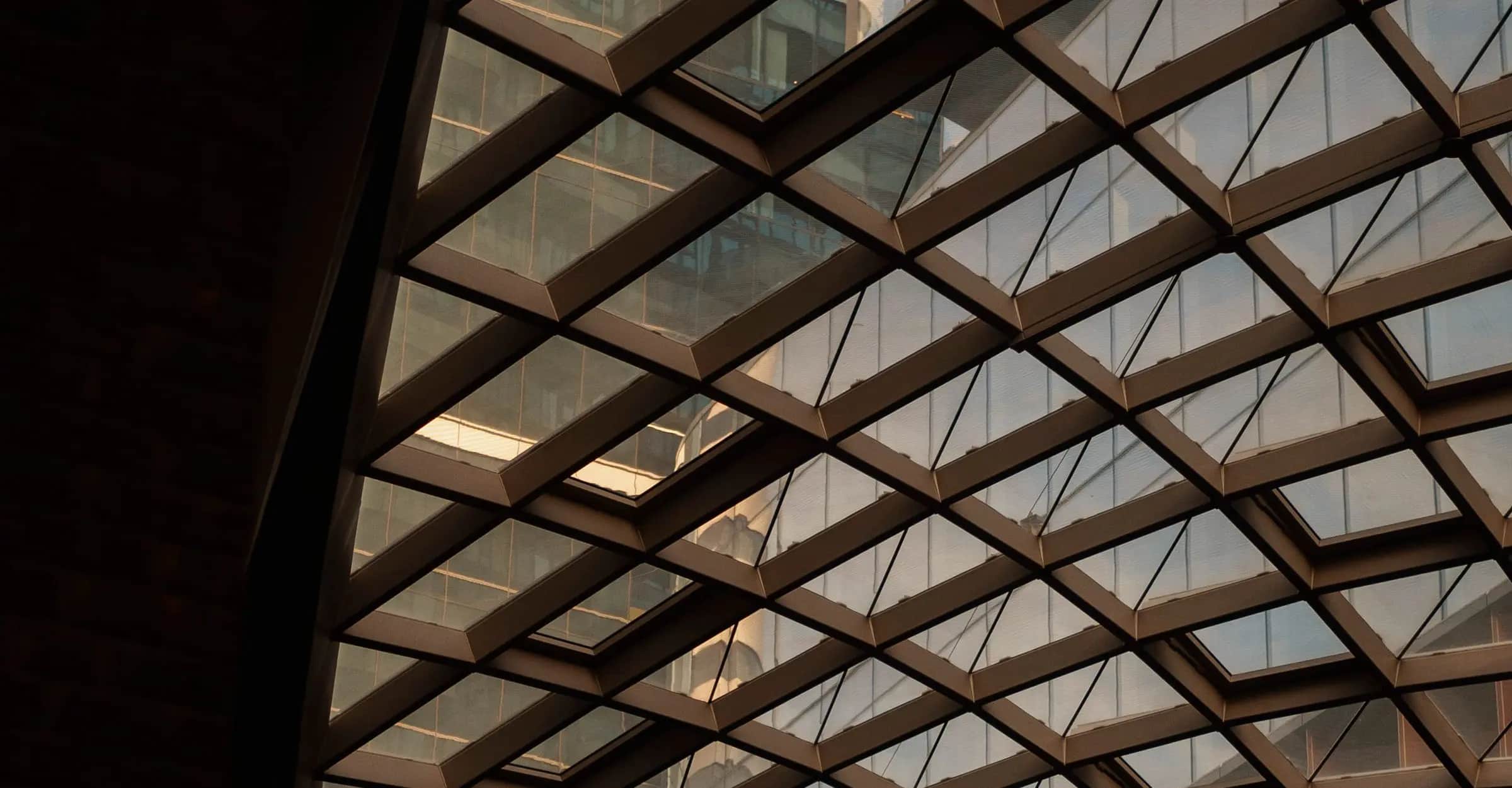 Steel-framed glass roof of a modern building